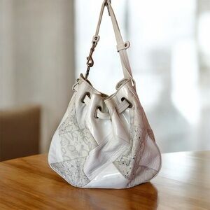 Bebe White Leather Mixed Media Bag GUC Y2K leather patent lace silver hardware